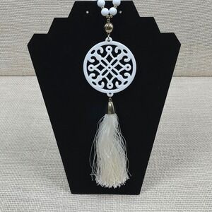 ZENZII White Round Filigree Tassel Necklace Gold Tone Beads Statement,‎ 36 in